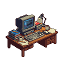 A cluttered desk with a CRT monitor, mechanical keyboard, books, and a steaming mug of coffee.