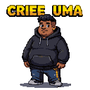 A jovial, stout person with dark skin and short curly hair, wearing a dark grey hooded sweatshirt and blue jeans.