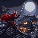 Samurai in red and black armor on a castle roof under a full moon, holding a katana skyward.