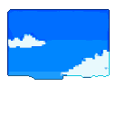 Vast blue sky with blocky white clouds.