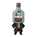 Pirate with a glass bottle for a head, containing a miniature sailing ship with a Jolly Roger flag.
