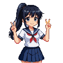 Anime schoolgirl with dark hair in a ponytail, wearing a sailor uniform, smiles and makes a peace sign with both hands.