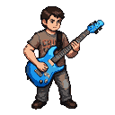 Young person with brown hair playing a metallic blue electric guitar, wearing a brown t-shirt and distressed jeans.