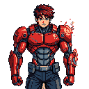 Young man with spiky red hair in a damaged, segmented red and grey cybernetic suit, emitting fiery particles from his right shoulder.