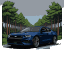 A dark blue 2024 Camaro ZL1 parked on a road next to a dense pine forest under an overcast sky.