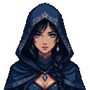 Water mage in a deep blue hooded cloak with lighter blue patterns, piercing bright blue eyes, dark braided hair, and blue gem necklace.
