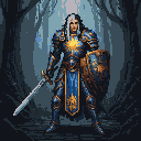 Male drow paladin in ornate blue and gold armor, holding a sword and shield with a sun emblem.