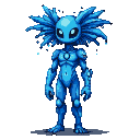 A stoic, humanoid figure with a liquid-pixel body and a head adorned with bioluminescent frills.