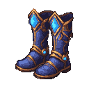 Knee-high mage boots in deep blue with ornate gold trim and sapphire gems.