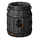 Weathered dark wooden barrel with dark metal bands and a stylized dark symbol on its front.