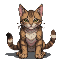 Tabby cat with green eyes and striped fur, sitting with paws forward. A lighter, heart-shaped patch is on its chest.