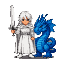A white-robed figure with white hair and a white sword stands next to a vibrant blue dragon.