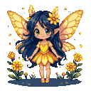 A fairy with long dark hair adorned with a sunflower stands among yellow flowers. She wears a yellow petal-like dress and slippers, with shimmering golden butterfly wings.