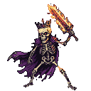 Skeletal king with a flaming sword held aloft, wearing a crown and tattered purple cape.