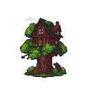 Rustic red treehouse with a green roof, nestled in a large tree with lush foliage. A rough staircase leads to its entrance.