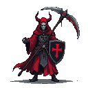 Fallen Templar priest with crimson horns, skull-like visage, and red robe with black Templar cross, wielding a rusted scythe and holding a black teardrop shield with a red Templar cross.