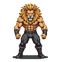 A muscular humanoid with a lion's head, golden mane, and fierce expression, wearing dark combat attire.
