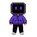 Character with a television for a head, displaying a happy expression with two purple lines on its screen, wearing a purple hoodie and black sweatpants.