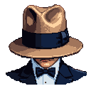 A shadowy figure wearing a fedora, white shirt, and bow tie.