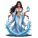Woman embodying water, fertility, and love, holding a luminous blue orb and summoning swirling water.