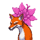 An ominous fox with piercing amber eyes and bared teeth stares left, a vibrant pink flower blooming behind its head.