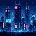 Towering cyberpunk skyscrapers in deep blues, purples, and pinks, illuminated by pulsing neon lights and holographic signs in a perpetual twilight.