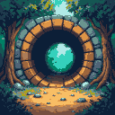 A glowing aquamarine orb pulsates within a circular stone archway in a shadowy forest.