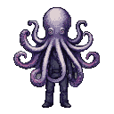 A figure with an octopus head, purple tentacles fanning out, wearing a dark suit against a black background.