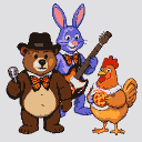 A brown bear in a top hat and bowtie sings into a microphone, a purple rabbit strums a guitar, and an orange chicken holds a pizza with a "I'm Leve Pizza" collar.