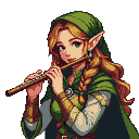 Young female elf with long blonde braided hair and pointed ears playing a wooden flute.