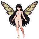 Eastern maiden with dark hair, wearing a white bikini, with translucent yellow and beige moth wings.