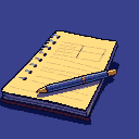 Open spiral-bound notebook with pale yellow pages, faint lines, and sketched boxes. A dark blue pen with a golden tip rests on the pages.