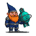 A determined gnome in a futuristic blue suit and pointed hat holds a large, glowing teal atomic bomb.