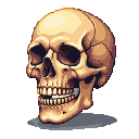 A sepia-toned, pixelated human skull with empty eye sockets and a slightly open jaw.