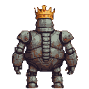 A heavily armored automaton with a golden diadem, displaying weathered metallic textures and a stoic, imposing posture.
