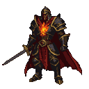 Knight in dark, ornate armor with gold trim and a crimson cape, holding a sword. A burning ember glows on his chest plate.