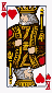 King of Hearts playing card, featuring a regal king in golden and dark brown robes, holding a golden scepter, with red hearts and the letter "K" framing him.