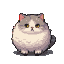 A round, fluffy cat with cream and grey fur, pink inner ears, and yellow eyes sits with a slightly unimpressed expression.
