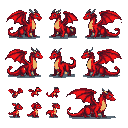 Series of stylized red dragons with prominent wings, horns, and tails, in various poses against a black background.