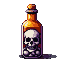 A menacing amber vial with a dark cap, containing a white pixel skull and crossbones submerged in murky grey liquid.