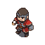 A pixelated warrior in a red and grey tunic and metallic helmet, viewed from a top-down, three-quarter angle.