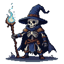 A skeletal wizard in a tattered blue cloak and pointed hat holds a staff with a swirling blue flame.