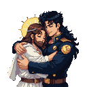 Two figures embrace: one in white robes with a golden pixel halo, the other in a navy uniform with gold insignia.