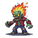 A pixelated fire zombie with green, decaying flesh, flames erupting from its head, burning orange eyes, and a roaring mouth with jagged teeth. It wears a torn dark red jacket, shirt, and blue jeans.