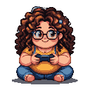 Chubby girl with curly brown hair and large glasses playing a video game, wearing a yellow shirt and blue overalls.