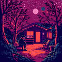 A lone figure sits on a bench outside a dimly lit cabin under a starry, magenta sky, with bare trees silhouetted against the deep blues and purples of the night.