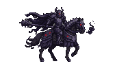 A menacing warrior in dark, ornate armor rides a black horse with glowing red eyes.