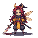 Chibi warrior with flowing crimson hair, golden horns, yellow haori over dark armor, and translucent insectoid wings, holding a blood-stained sword, with blood pooling at their feet.