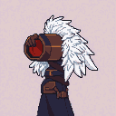 Anime-inspired figure with white spiky hair, dark practical attire, and a glowing red cylindrical tool or weapon.