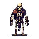 Skeleton warrior in tattered cloth and metal armor, standing against a black background.